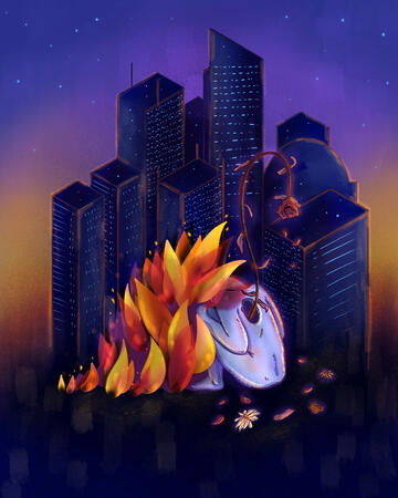 Artwork by Dhiyanah Hassan for the book of poetry titled, My Culture is Flowers by Miggy Ange. It is a mostly dark, purplish artwork with a blue-toned person crouching on the ground. A hole appears on their back where their heart would be, from which a wil