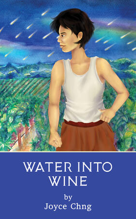 Front cover made by Dhiyanah Hassan for the sci-fi novella titled Water into Wine by Joyce Chng. A trans, gender-ambiguous-presenting person stands in the foregound in a confident post with their face turned to the side, gesturing us towards the vineyard i
