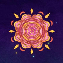 A circular image of a rose-like mandala against a dark starry sky.