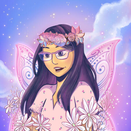 A hand-drawn digital illustration by the artist Dhiyanah Hassan of a portrait of the late trans author, Jubilee Cho. Jubilee is depicted in a stylized version of her glasses and sundress. She has butterfly-like wings with glowing, stained-glass-like featur
