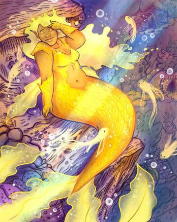 An illustration of a golden fat or plus-sized mermaid underwater, sitting on a rock, happily basking under rays of sun streaming in from the surface. Smell golden koi-like fish swim around her, attracted to her beauty. She is brown skinned with blond hair