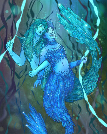 An illustration by the artist Dhiyanah Hassan of two trans and genderqueer mermaids gently swimming through an underwater seaweed cluster with interlinked arms and looks of wonder and affection on their faces. Parts of their bodies and tails are adorned wi