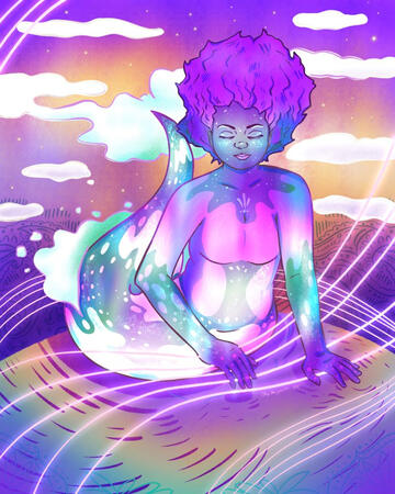An illustration by the artist Dhiyanah Hassan of a giant mermaid sitting on the top of a curved landscape with one hand holding down part of a set of glimmering threads that are floating around her. Her other hand is gently strumming the threads on the oth