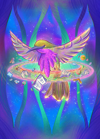 Hand-drawn digital illustration of a giant hummingbird in space with their wings flared open against a bright green glow. There is an orbit of reading materials, like books and sci-fi paraphernalia rotating around them along with a subtle rainbow ring.