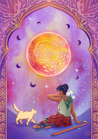 A brown femme figure is on the floor next to her walking stick. She's wearing a tanktop and sarong, her top is torn as there are flowers sprouting out from her back. A cream-colored cat is walking up towards her. In the background is a large moon, smaller