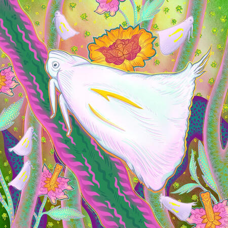 A close-up hand-drawn illustration by Dhiyanah Hassan of a planthopper species, Lawana Candida. The art is drawn in stylized, batik style. The main planthopper is perched on a stem in the foreground while other planthoppers in the distant are perched on st