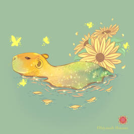 A cute shiny capybara with stars in its fur soaks in magical water surrounded by butterflies and sunflower.