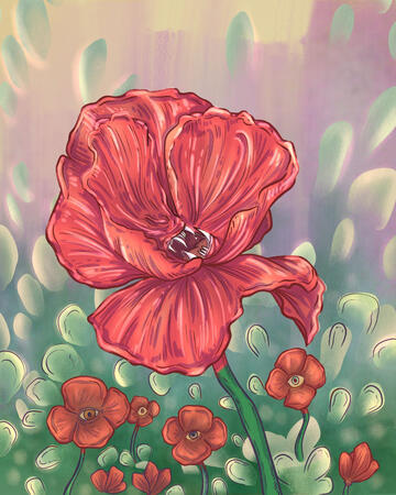 Hand-drawn digital illustration of a giant poppy with a roaring, fanged mouth growing in its center. Below is are smaller red poppy flowers with eyes in their center, some of them looking at the larger flower and some looking at the viewer. The background