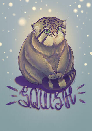 Hand-drawn illustration of a stylized pallas or manul wildcat squishing its own tail while smiling cheekily at the viewer. It looks like it is sitting on the word 'Squish,' depicted in hand-drawn typography. Glowing snowflakes drift around it.