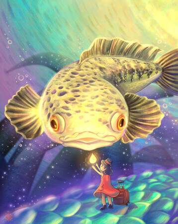 In this hand-drawn illustration by Dhiyanah Hassan, a giant emperor snakehead with yellow scales, black markings and red eyes is swimming up to a little girl in a sleeveless red dress and a top hat. She is standing on ground that suggests she's riding on a