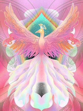A hand-drawn digital illustration by the artist Dhiyanah Hassan of a mystical phoenix whose design is referenced from the peacock birds. The bird flares its wings and wide tail towards the viewer, with sot pink plumage catching rays of the golden light fro