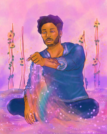 Hand-drawn illustration by the artist Dhiyanah Hassan of a brown South Asian masculine-presenting character sitting on sparkly pink sand, wearing a blue kurta with embroidered details around the collar and cuffs. He is lifting up the pink sand and sifting