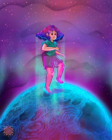 Hand-drawn illustration by the artist Dhiyanah Hassan of a giant femme or non-binary person hopping onto the surface of a blue moon. They have a smile on their face as their hair is semi-lifted. Stars and a galactic splash of sky adorn the background behin