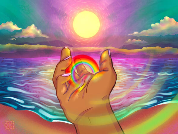 Hand-drawn digital illustration by Dhiyanah Hassan of a brown person's hand reaching out towards ocean waves and a bright sun in the background. In their palm is a small glowing rainbow.