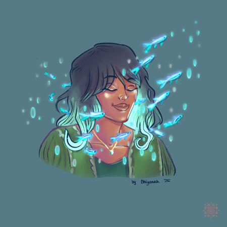 Hand-drawn stylized portrait by Dhiyanah Hassan of a brown femme person with their eyes closed in calm contemplation. Glowing neon tetra fish float around their head and hair, giving off a whimsical feeling.