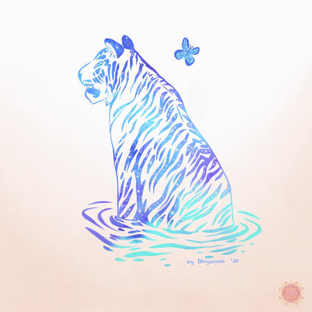 Line art with stars peeking through of a blue-striped tiger sitting in water, facing away from the viewer. A blue tiger butterfly flits by its head.