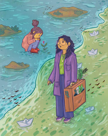 Hand-drawn illustration by the artist Dhiyanah Hassan of a surreal landscape art in stylized picture book style. Two bodies of water meet where their currents don't overlap. On one side, an adult femme person with shoulder-length curly hair, large glasses