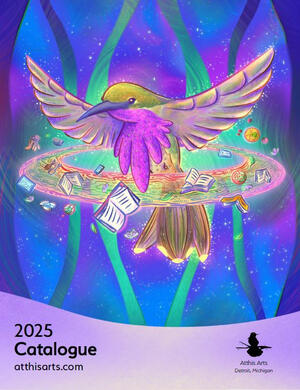 Cover art for Atthis Arts' book catalogue commissioned by the publishers featuring the hummingbird from their logo as a giant space-bird in a book tornado.