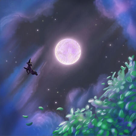 A hand-drawn illustration by the artist Dhiyanah Hassan of the full moon in a dynamically shaded night sky peppered with stars. The moon is stylized with details that give it almost a paper-cut-out effect. In the foreground is the top of a tree with leaves