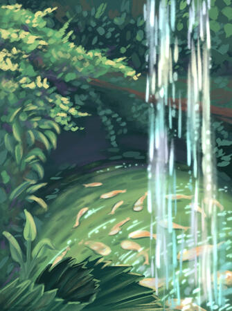 A hand-drawn illustration by the artist Dhiyanah Hassan of a koi pond surrounded by lush green foliage, a trail in the distance, and a slight waterfall feature in the foreground. The painting is mostly green, as the water is reflecting its surrounding and