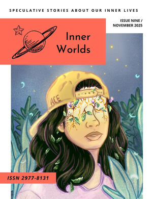 Cover art for Inner Worlds magazine Issue 9 featuring a character with half their face cracking where roots and leafy tendrils grow.