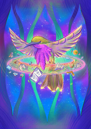 Hand-drawn digital illustration of a giant hummingbird in space with their wings flared open against a bright green glow. There is an orbit of reading materials, like books and sci-fi paraphernalia rotating around them along with a subtle rainbow ring.