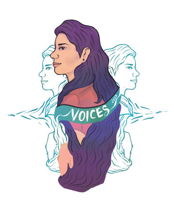 Illustration by Dhiyanah Hassan for a chapbook championing the voices of women, supported by George Town Literary Festival. A side profile bust of a brown-skinned, long haired woman is illustrated at the center foreground. Beneath her is a reflection of th