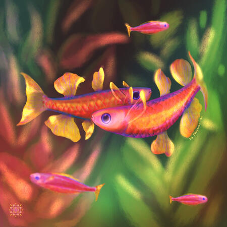 Illustration by Dhiyanah Hassan. Two red neon blue-eyed rainbowfish hover underwater next to each other to show off their fins. They're vibrantly colored under the pink lighting of a planted tank.